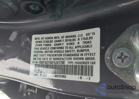 2015 Honda Civic Lx z USA, uszkodzony, nr VIN 19XFB2F56FE241788